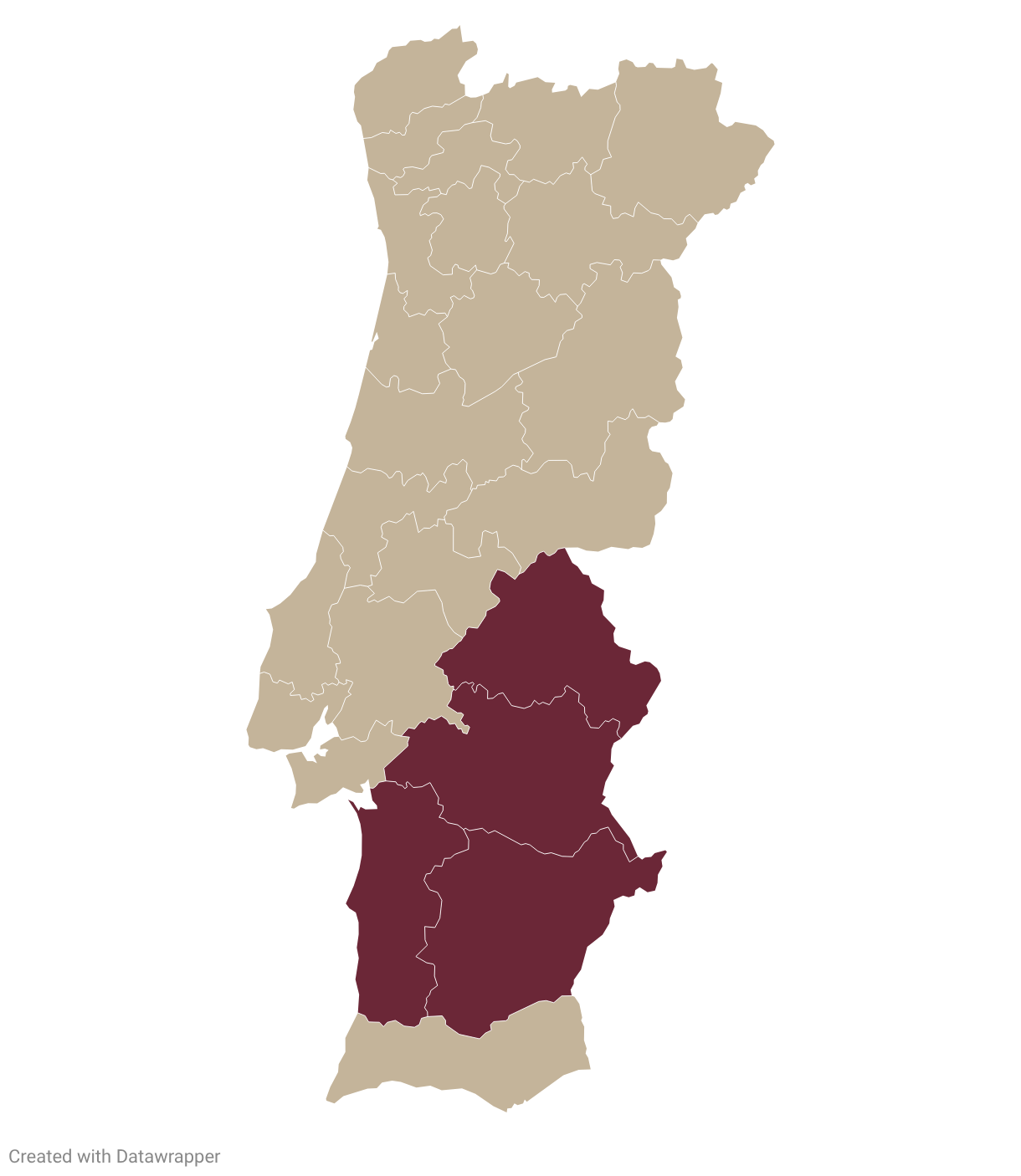Map of Portugal with Alentejo highlighted in burgundy
