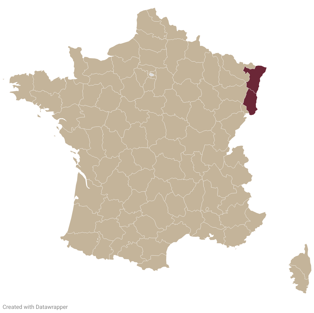 Map of France with Alsace highlighted in burgundy