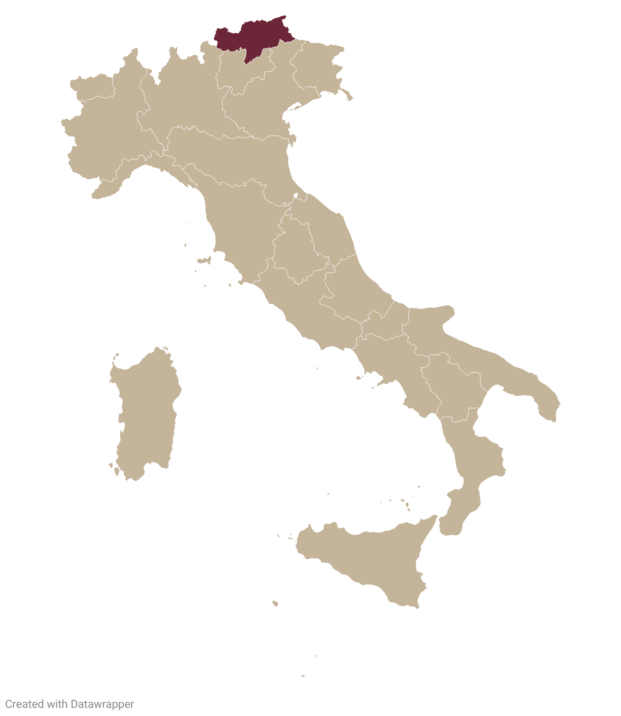 Map of Italy with Alto Adige highlighted in burgundy