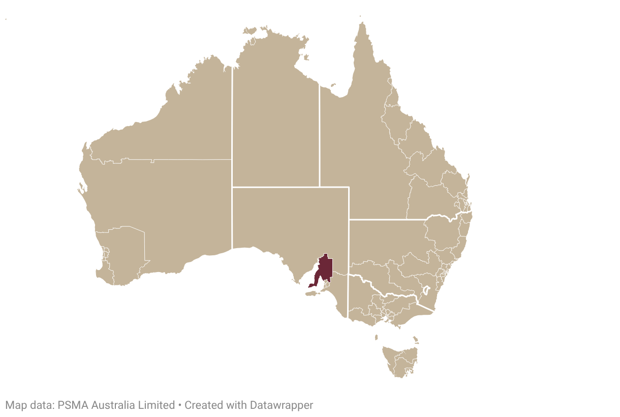 Map of Australia with Barossa Valley highlighted in burgundy