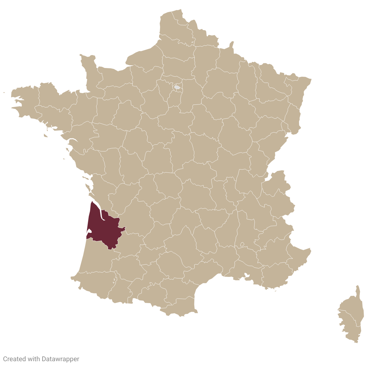 Map of France with Bordeaux highlighted in burgundy