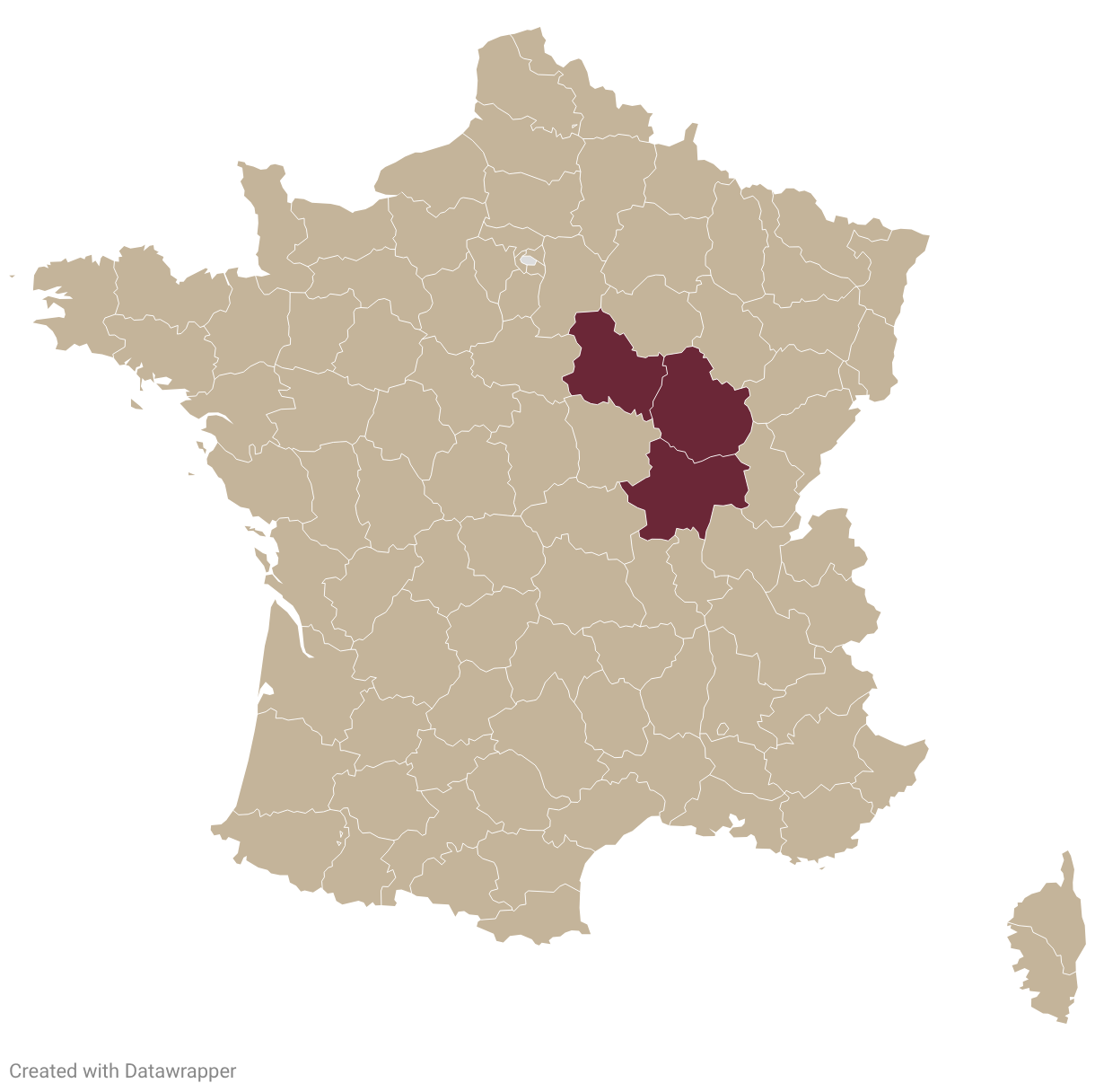 Map of France with Burgundy highlighted in burgundy