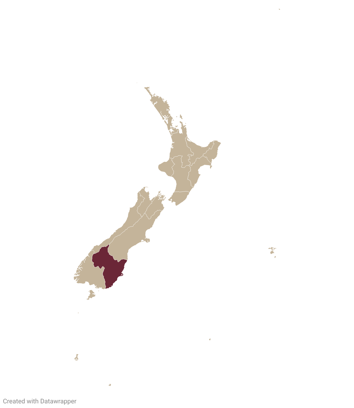 Map of New Zealand with Central Otago highlighted in burgundy