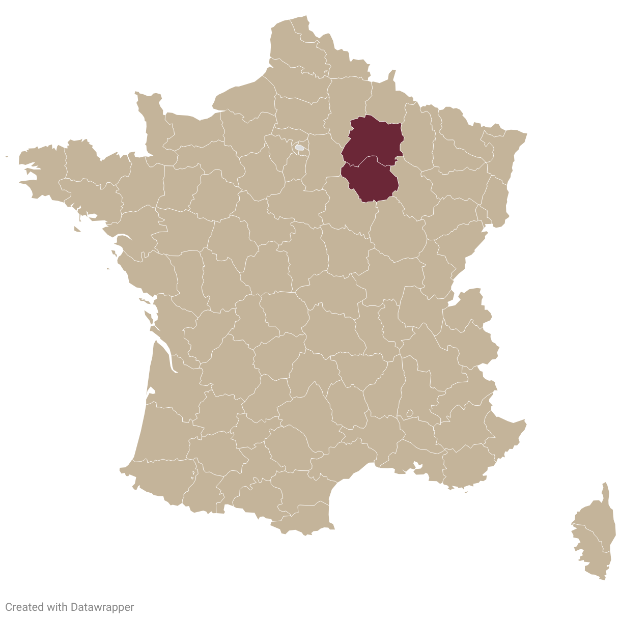 Map of France with Champagne highlighted in burgundy