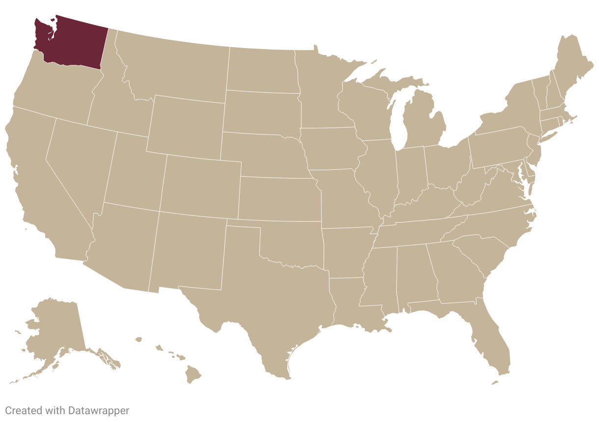 Map of USA with Washington highlighted in burgundy