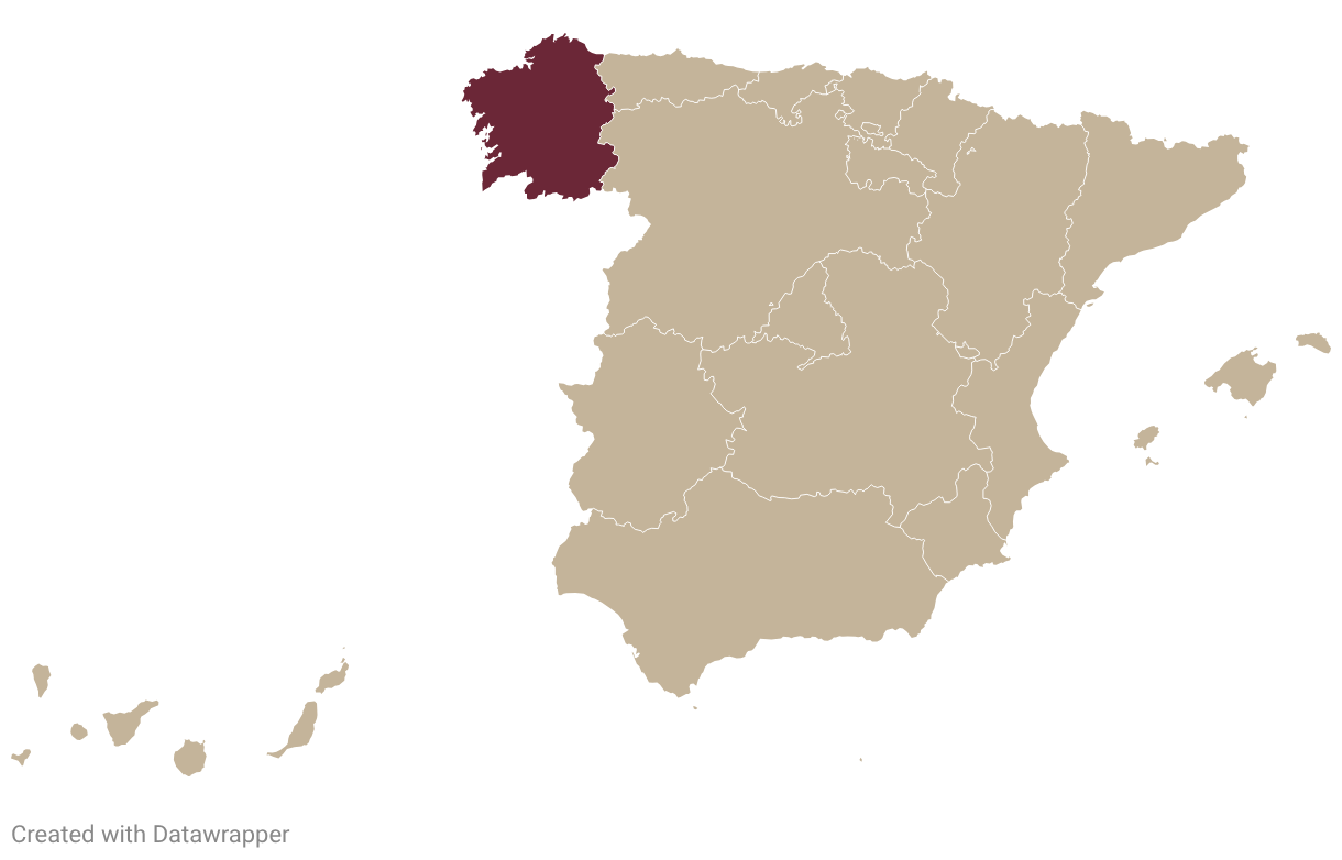 Map of Spain with Galicia highlighted in burgundy