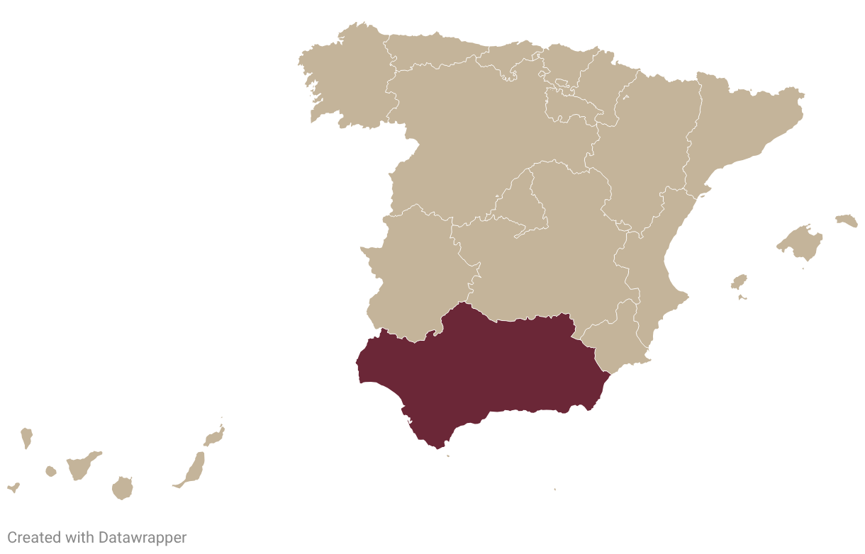 Map of Spain with Jerez highlighted in burgundy