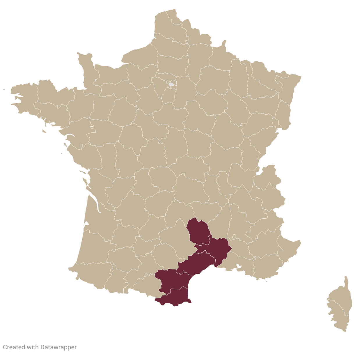 Map of France with Languedoc-Roussillon highlighted in burgundy