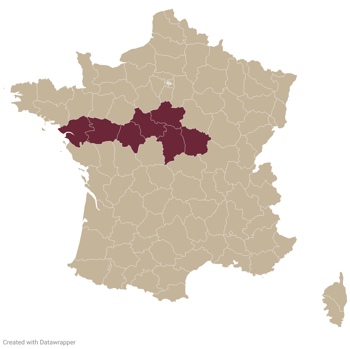 Map of France with Loire Valley highlighted in burgundy