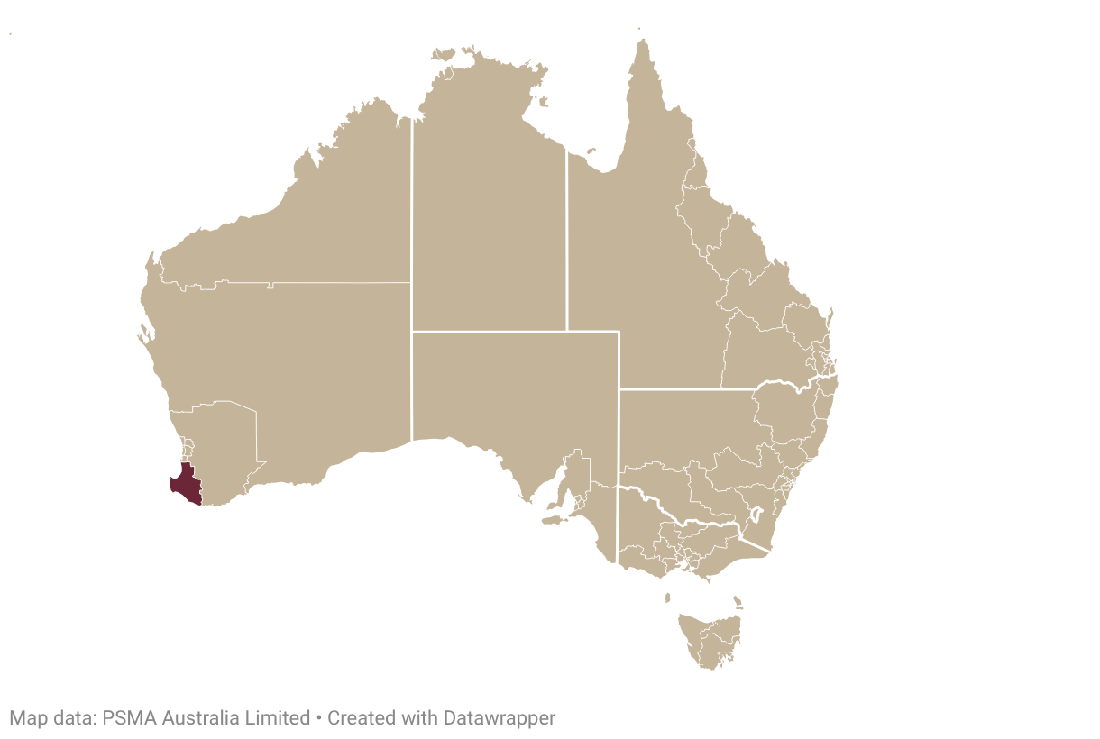 Map of Australia with Margaret River highlighted in burgundy