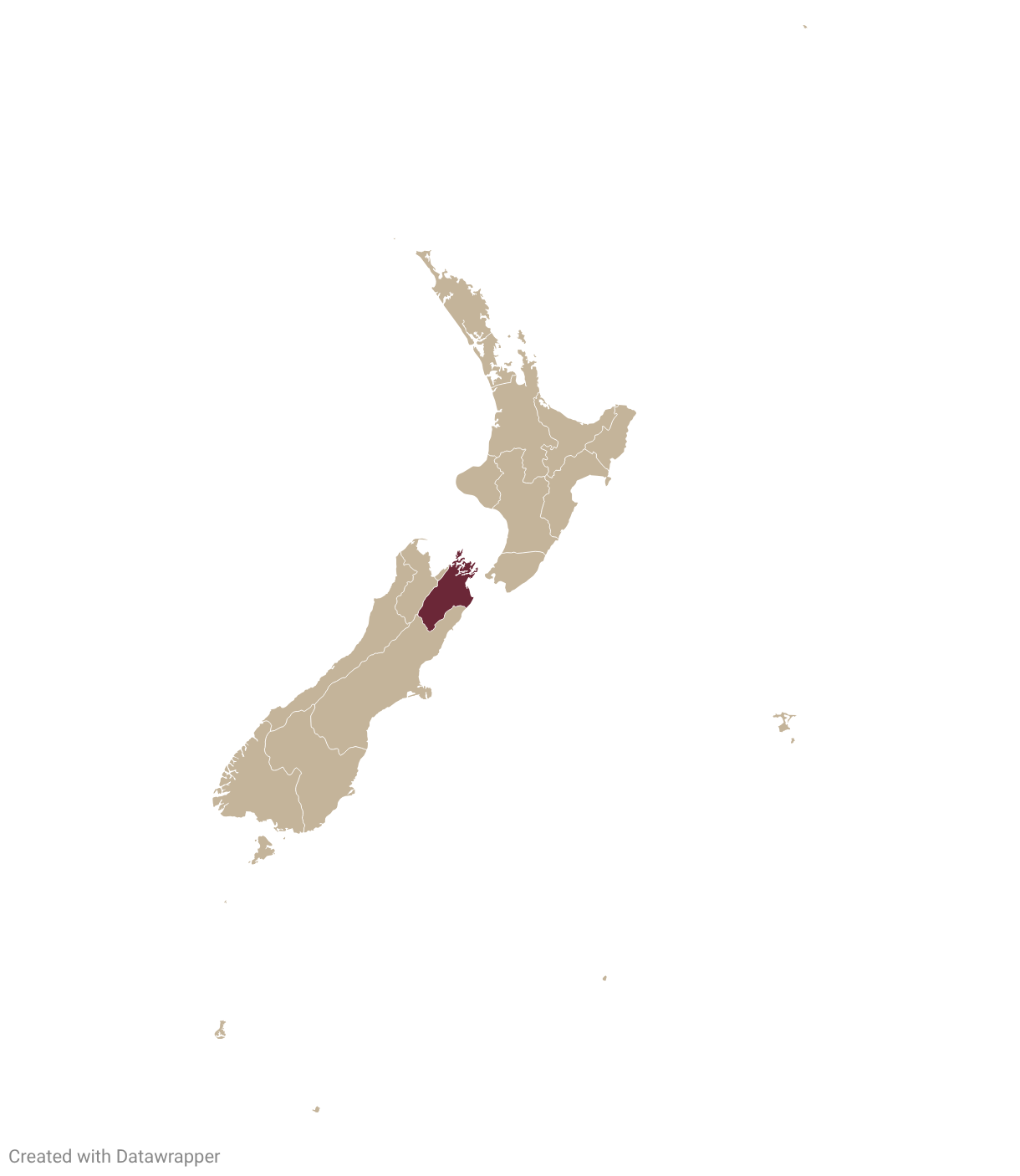 Map of New Zealand with Marlborough highlighted in burgundy