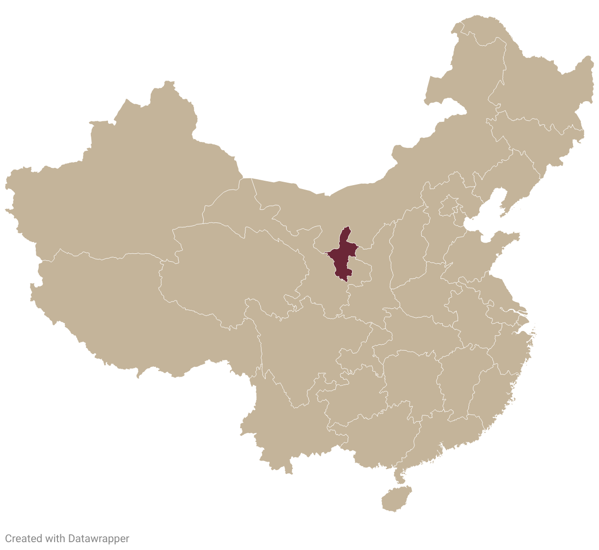 Map of China with Ningxia highlighted in burgundy