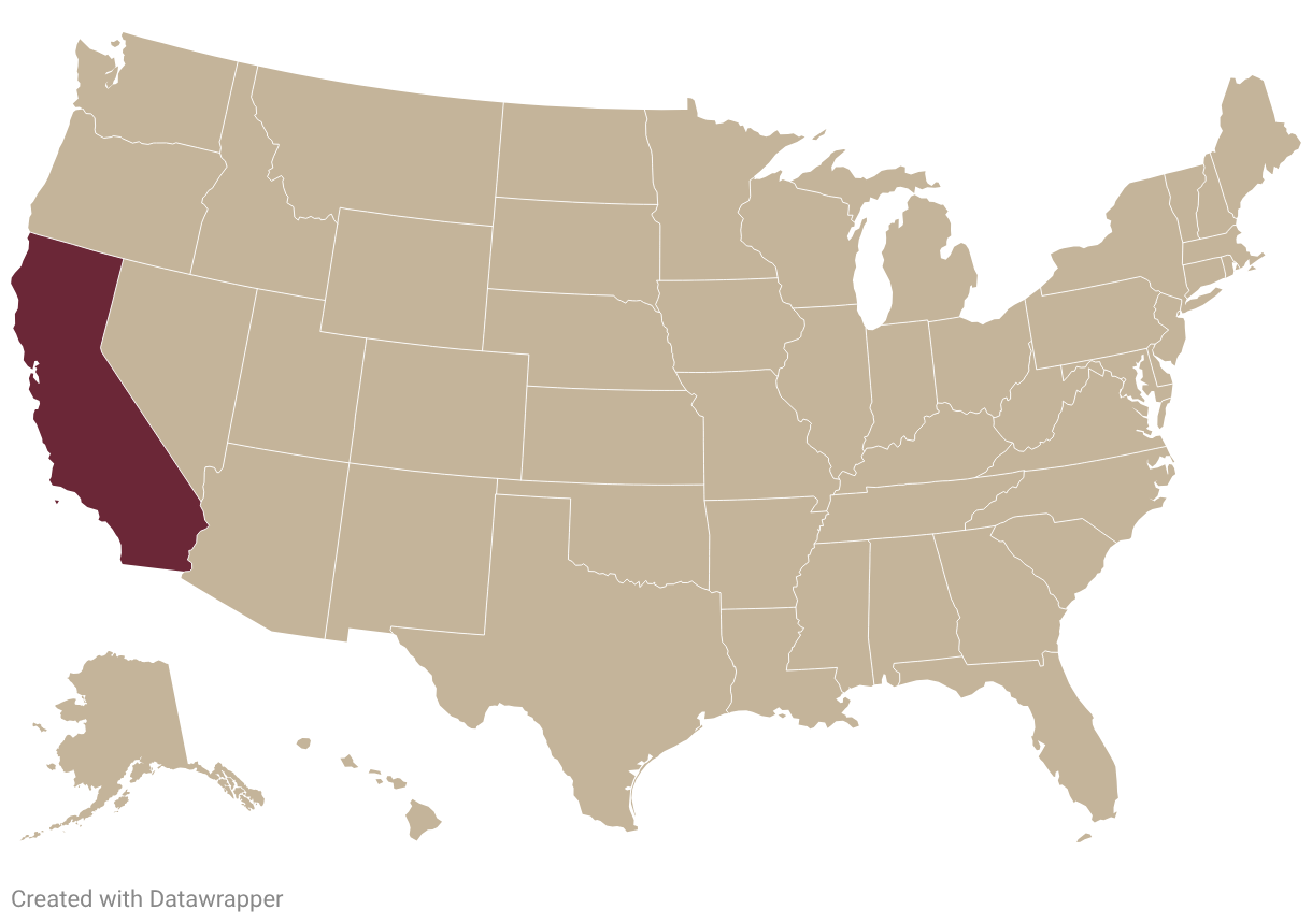 Map of USA with California highlighted in burgundy