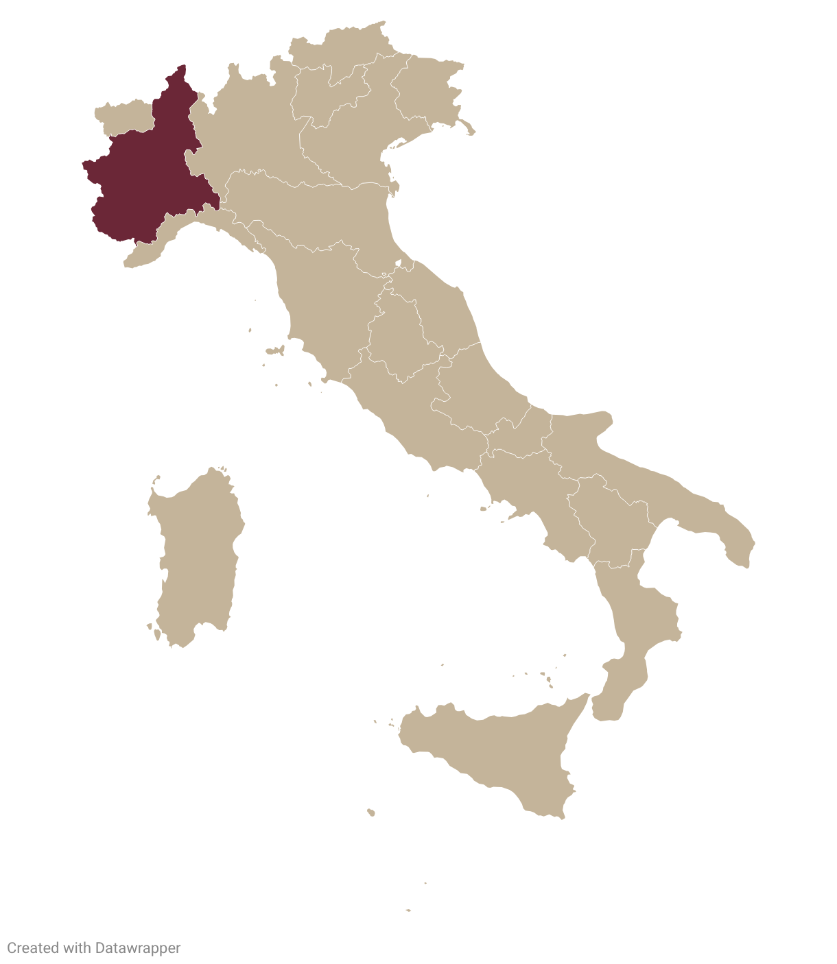 Map of Italy with Piedmont highlighted in burgundy