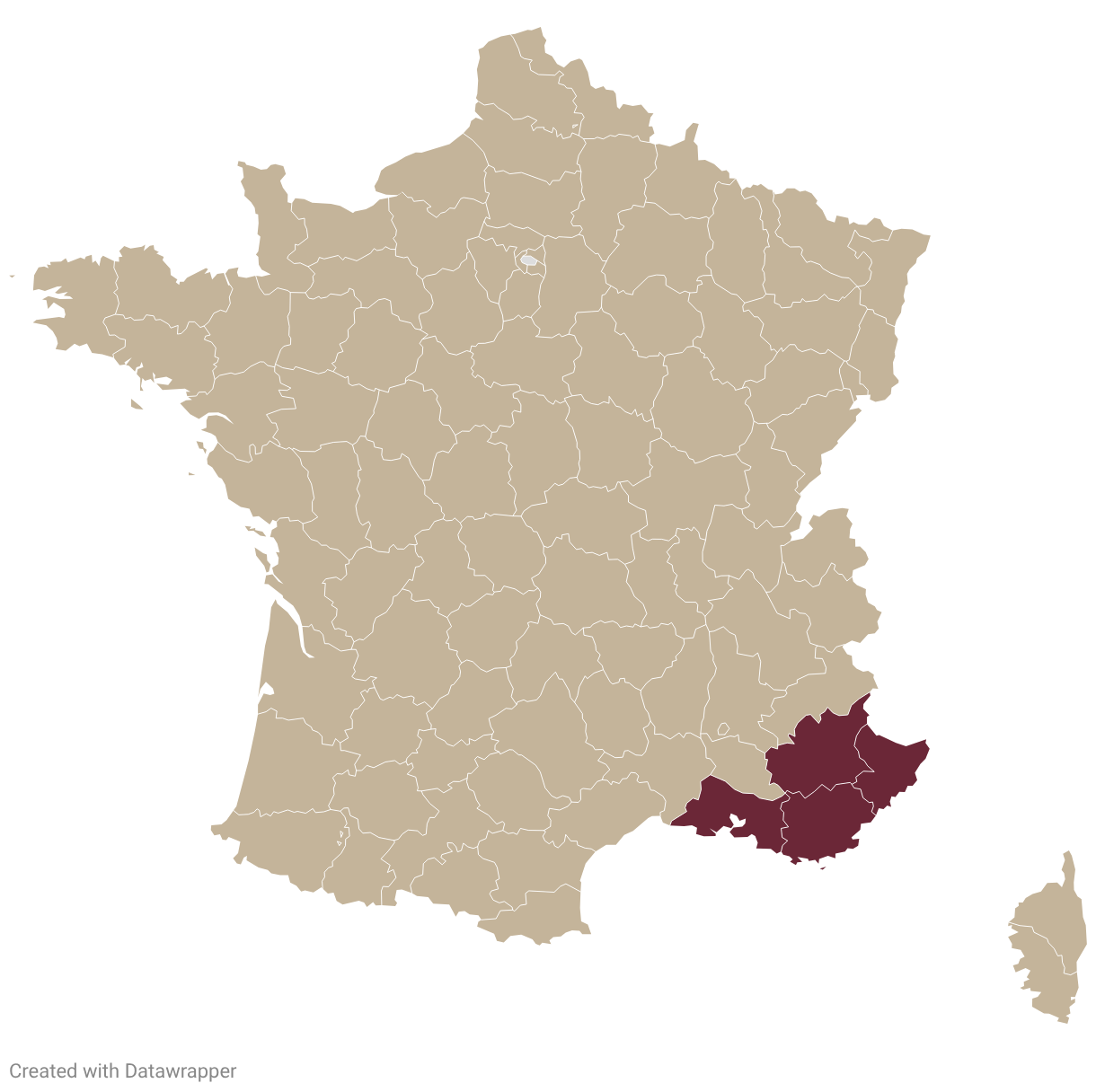 Map of France with Provence highlighted in burgundy