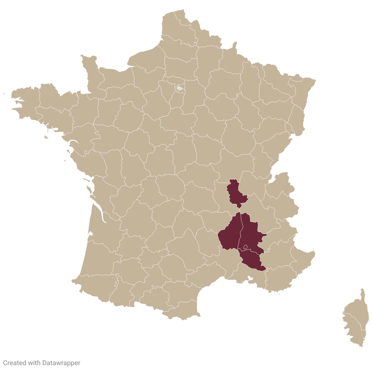 Map of France with Rhône Valley highlighted in burgundy