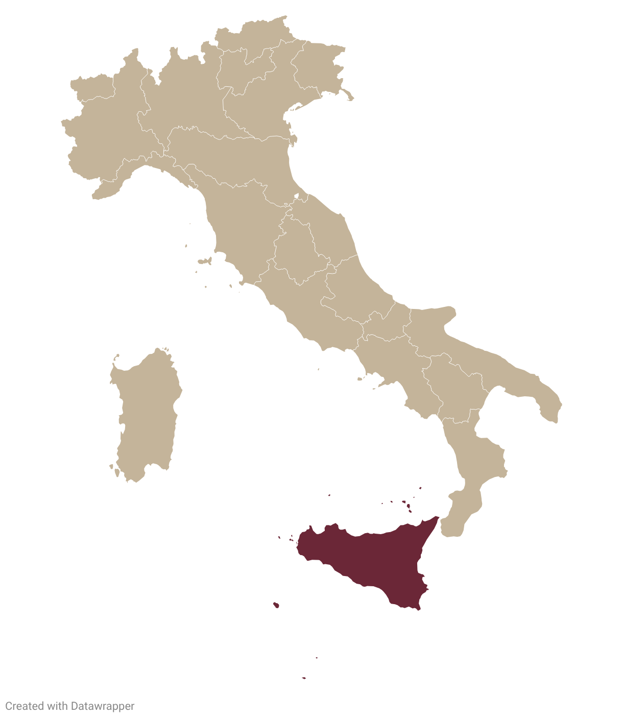 Map of Italy with Sicily highlighted in burgundy