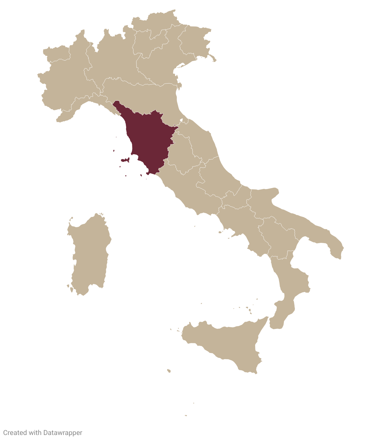 Map of Italy with Tuscany highlighted in burgundy