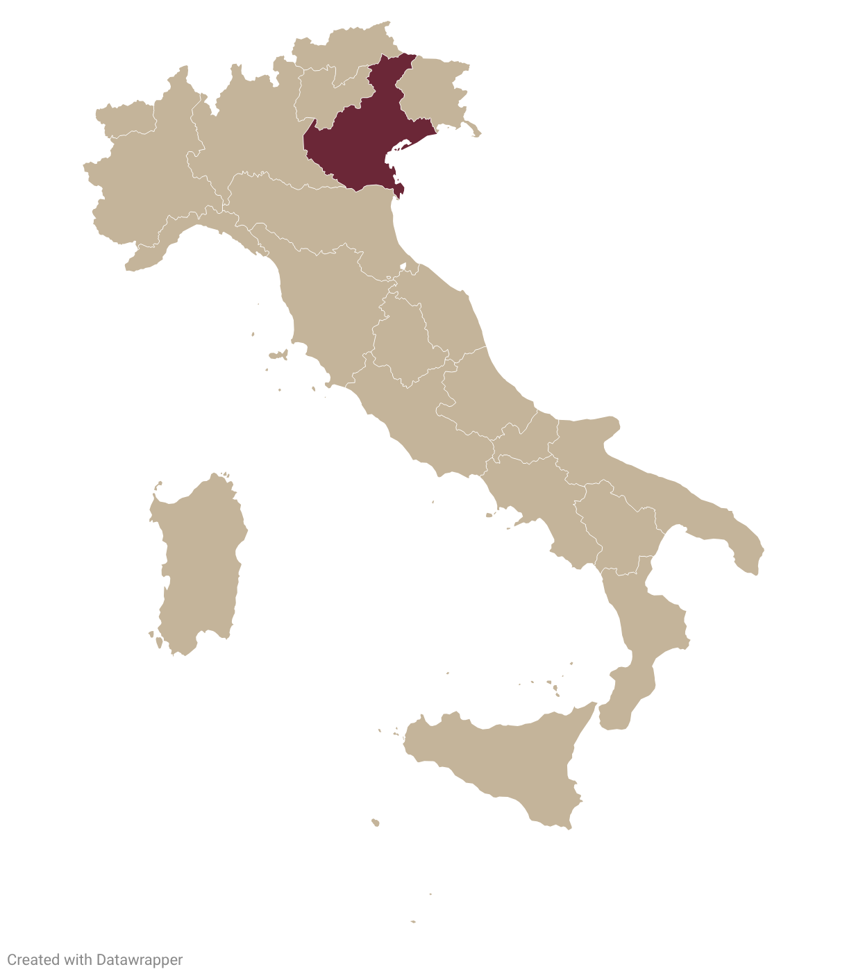 Map of Italy with Veneto highlighted in burgundy
