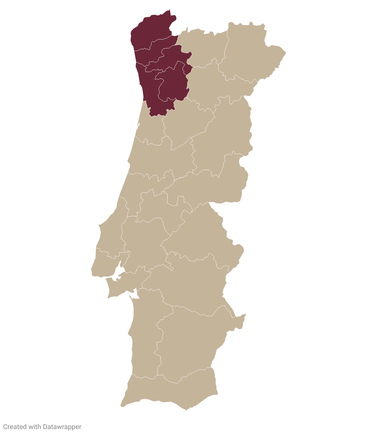 Map of Portugal with Vinho Verde highlighted in burgundy