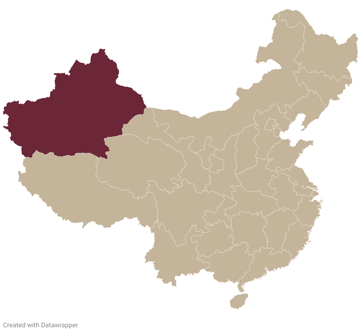 Map of China with Xinjiang highlighted in burgundy