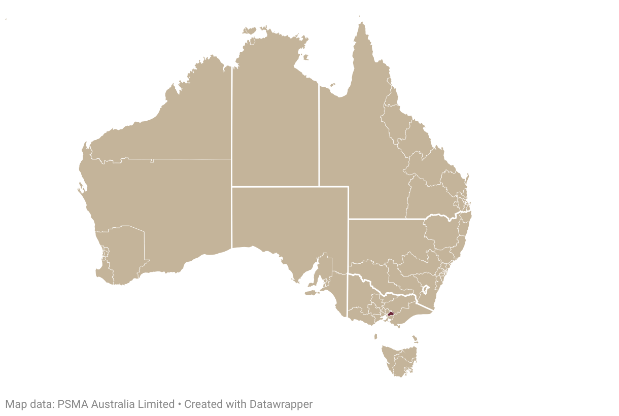 Map of Australia with Yarra Valley highlighted in burgundy