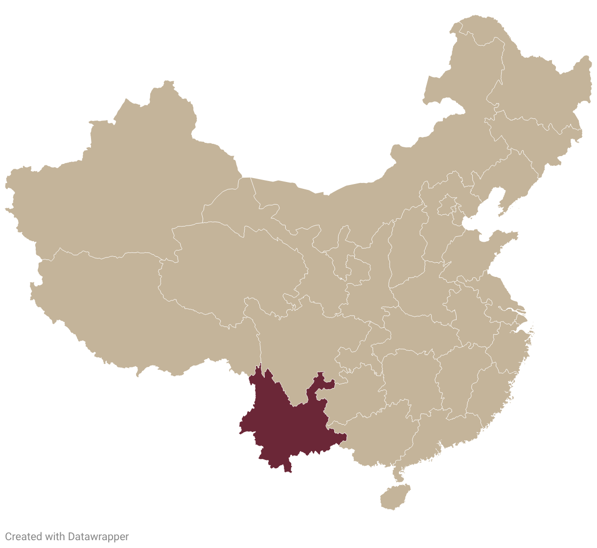 Map of China with Yunnan highlighted in burgundy