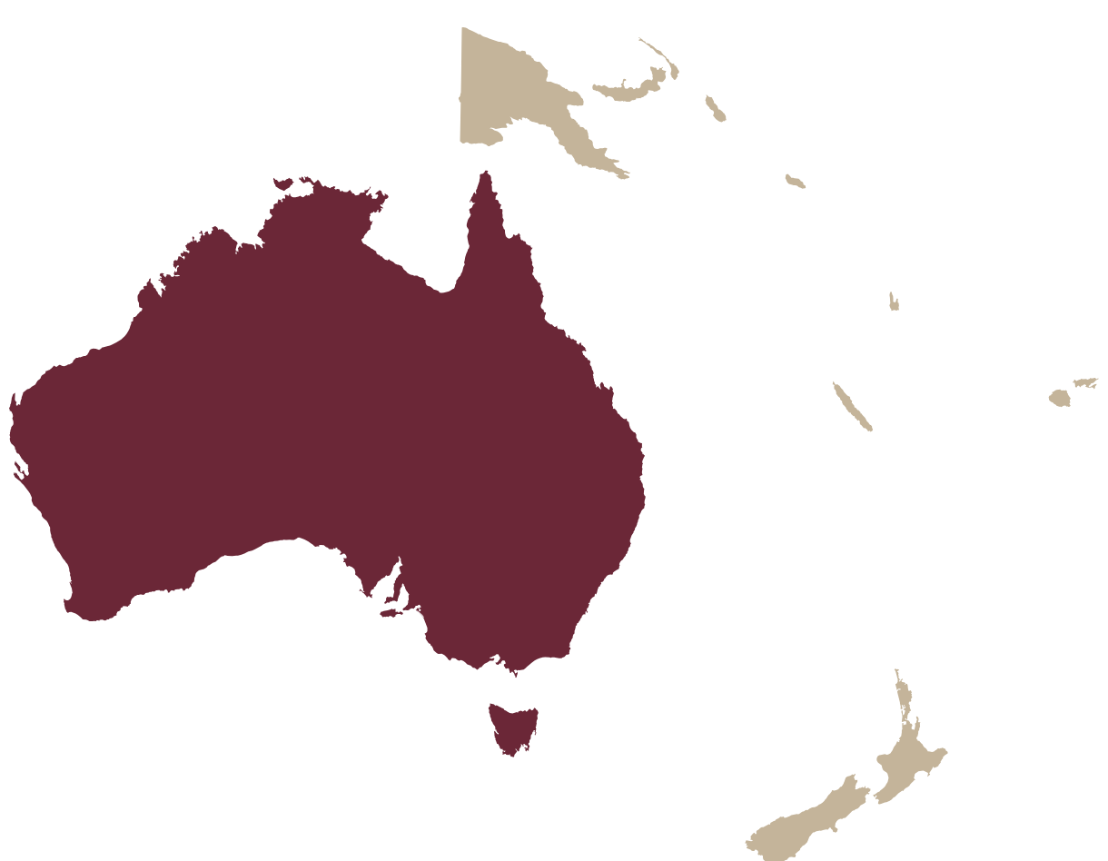 Map of Oceania with Australia highlighted in burgundy