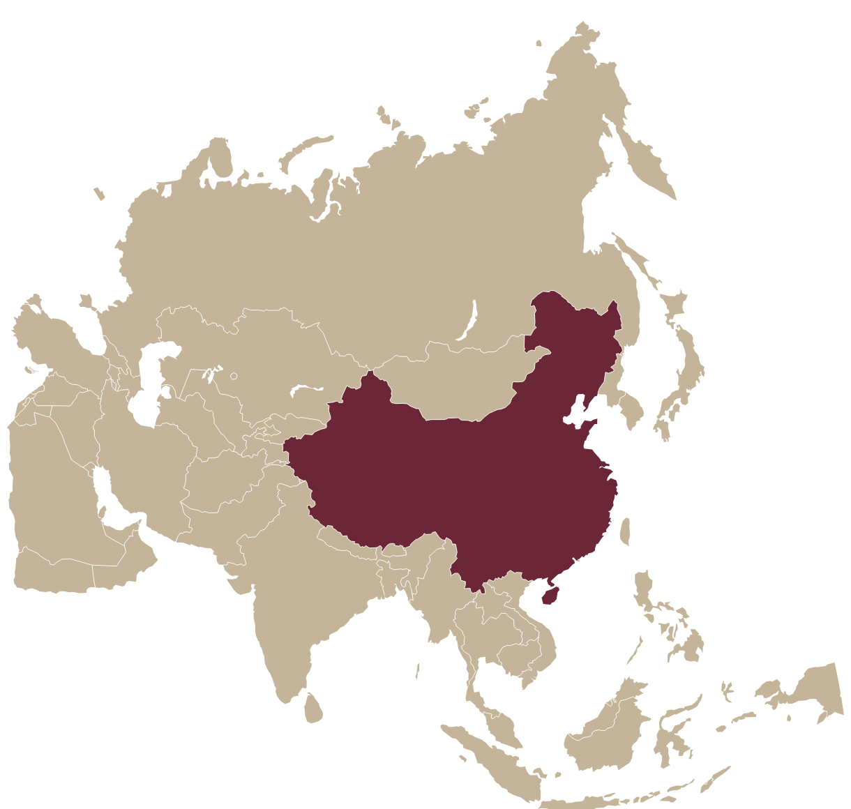 Map of Asia with China highlighted in burgundy