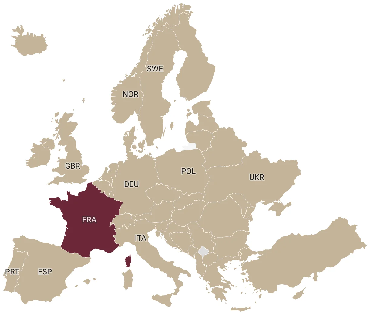 Map of Europe with France highlighted in burgundy