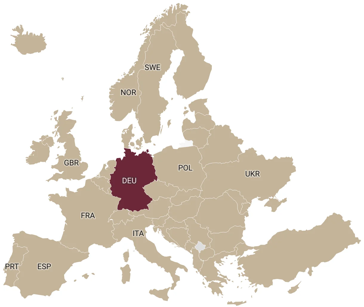 Map of Europe with Germany highlighted in burgundy