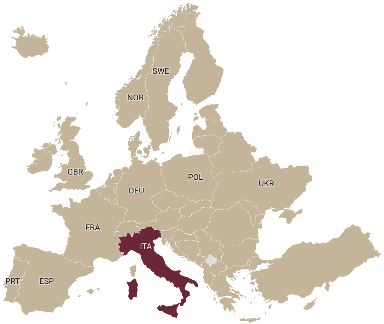 Map of Europe with Italy highlighted in burgundy