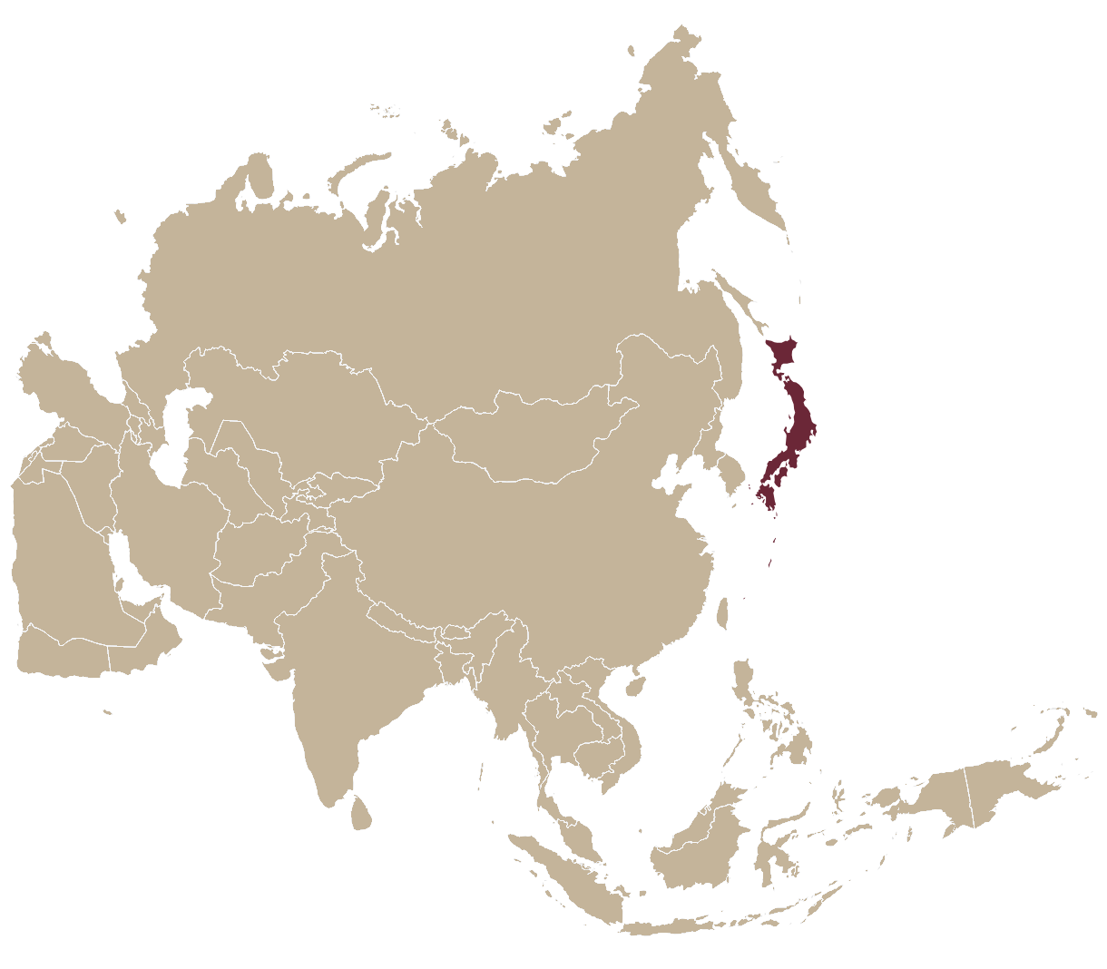 Map of Asia highlighting Japan in TERROIR burgundy