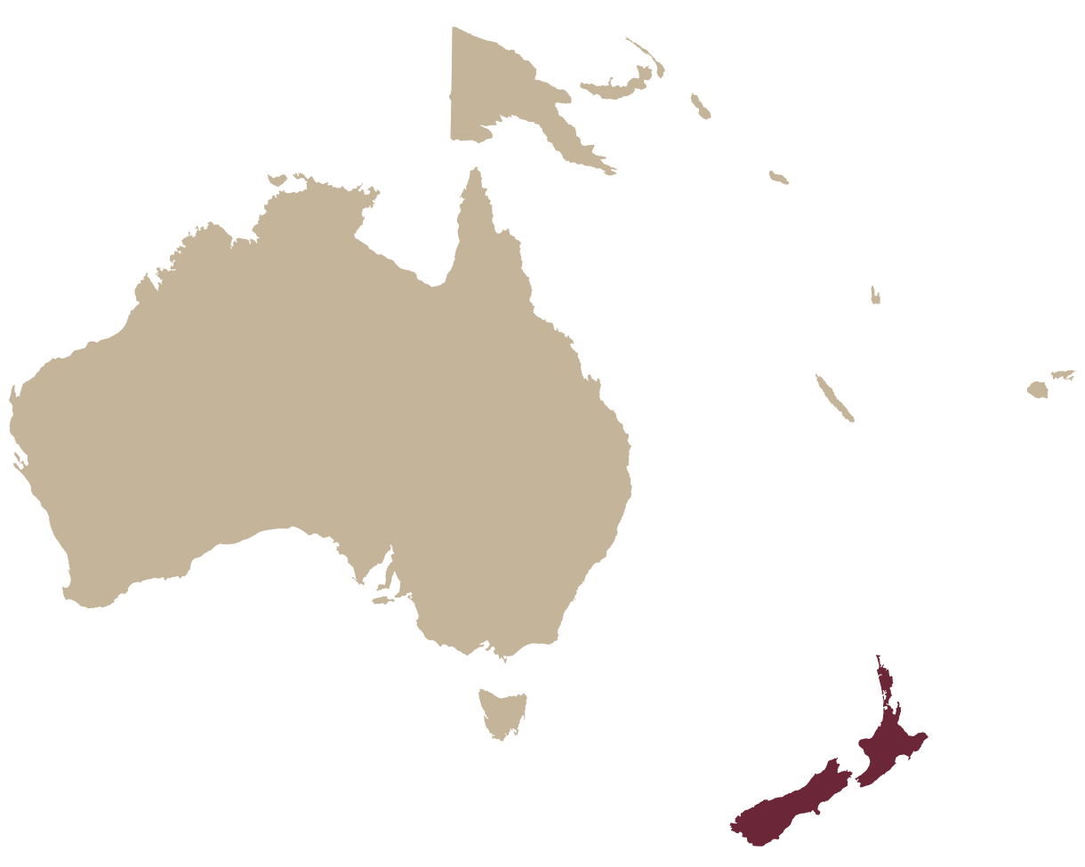 Map of Oceania with New Zealand highlighted in burgundy