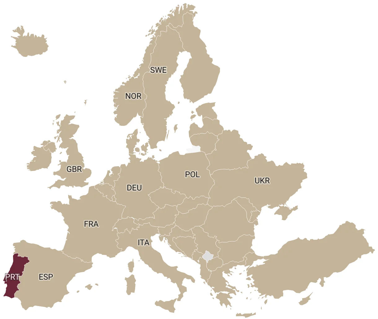 Map of Europe with Portugal highlighted in burgundy