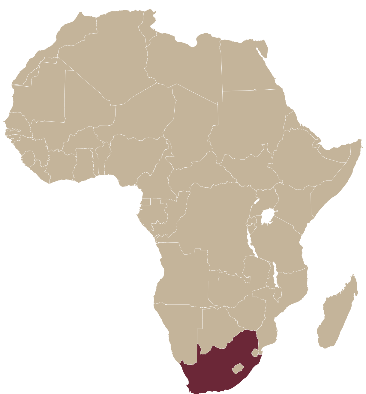 Map of Africa with South Africa highlighted in burgundy