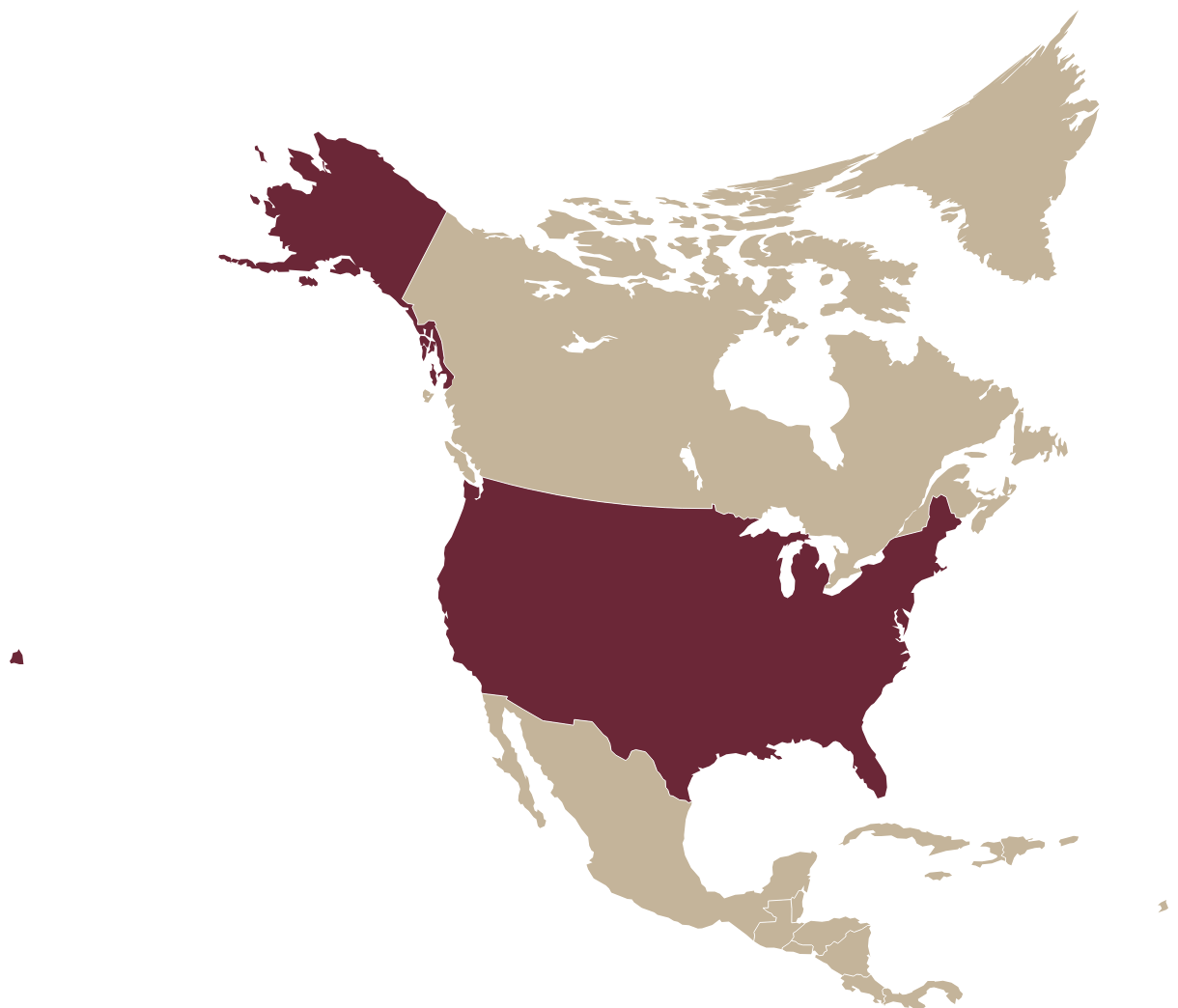Map of North America with USA highlighted in burgundy