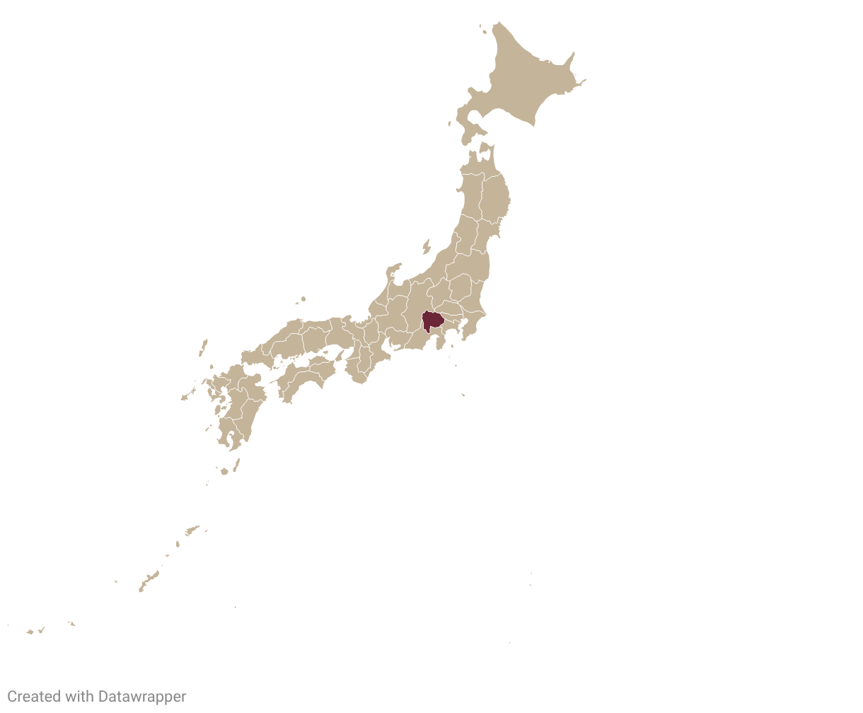 Choropleth map of Japan with Yamanashi prefecture highlighted in burgundy